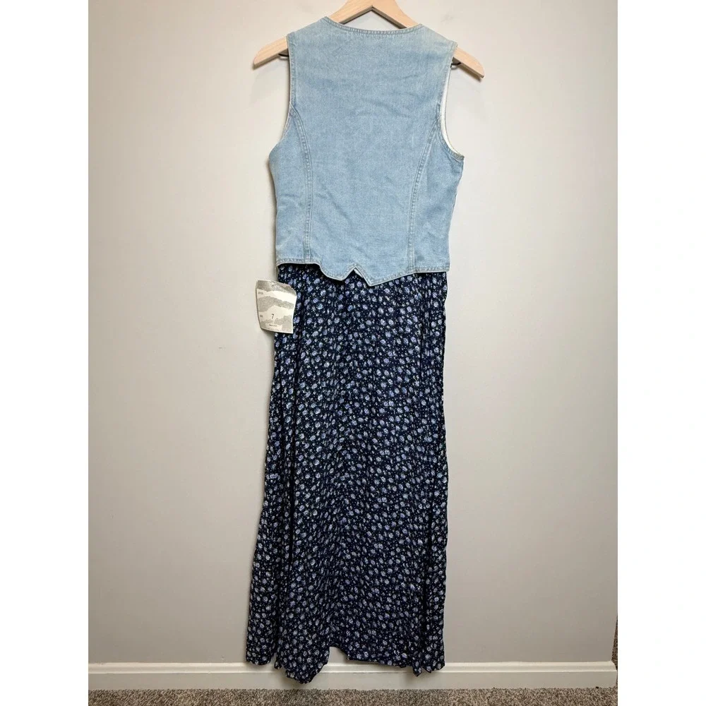NWT Vintage Paris Blues S | M Denim Vest Blue Floral Maxi Dress Set 1990's USA - Picture 2 of 16
